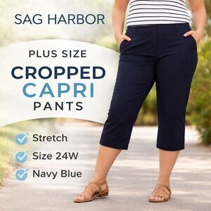 Sag Harbor Stretch Women's Navy Blue Plus Size 24W Cropped Capri Pants Coastal